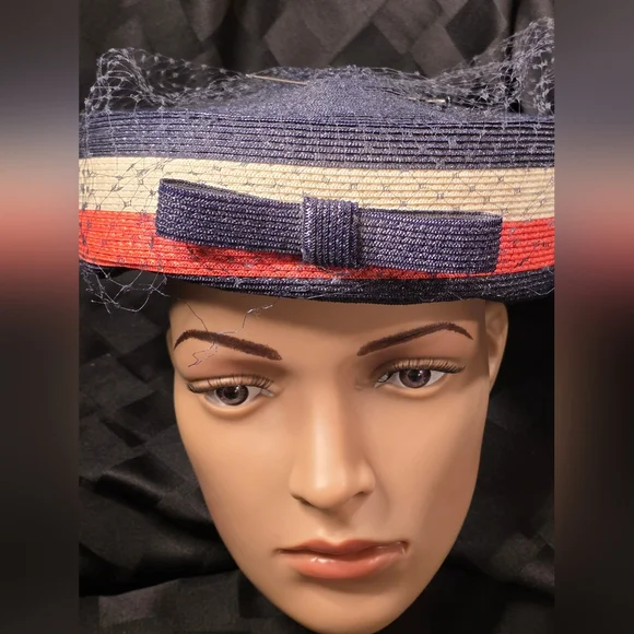Vintage Pill Box 50s/60s Navy (Red/White/Blue) Woven Straw Veil & Bow SZ Medium - Picture 4 of 14